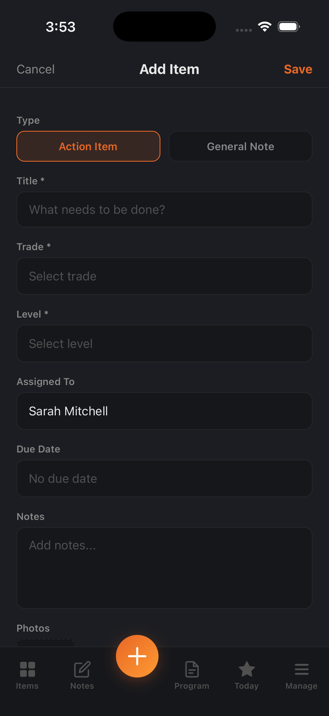 The Add Item form in Build Pro HQ, filling in a title, trade, level and assigning the item to Sarah Mitchell