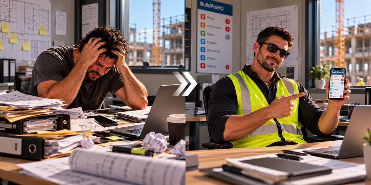 Before and after. Left: a man holds his head in his hands at a desk buried in paperwork, folders and drawings. Right: a man in a hi-vis vest and sunglasses sits at a clear desk, pointing to a phone that shows a Build Pro HQ menu.