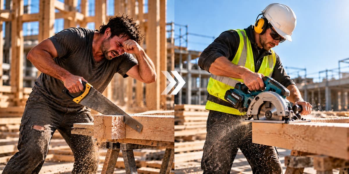 Before and after. Left: a worker in a dusty t-shirt wipes his brow while cutting timber with a handsaw. Right: a worker in a hard hat, ear muffs, safety glasses and a hi-vis vest cuts timber with a cordless circular saw.