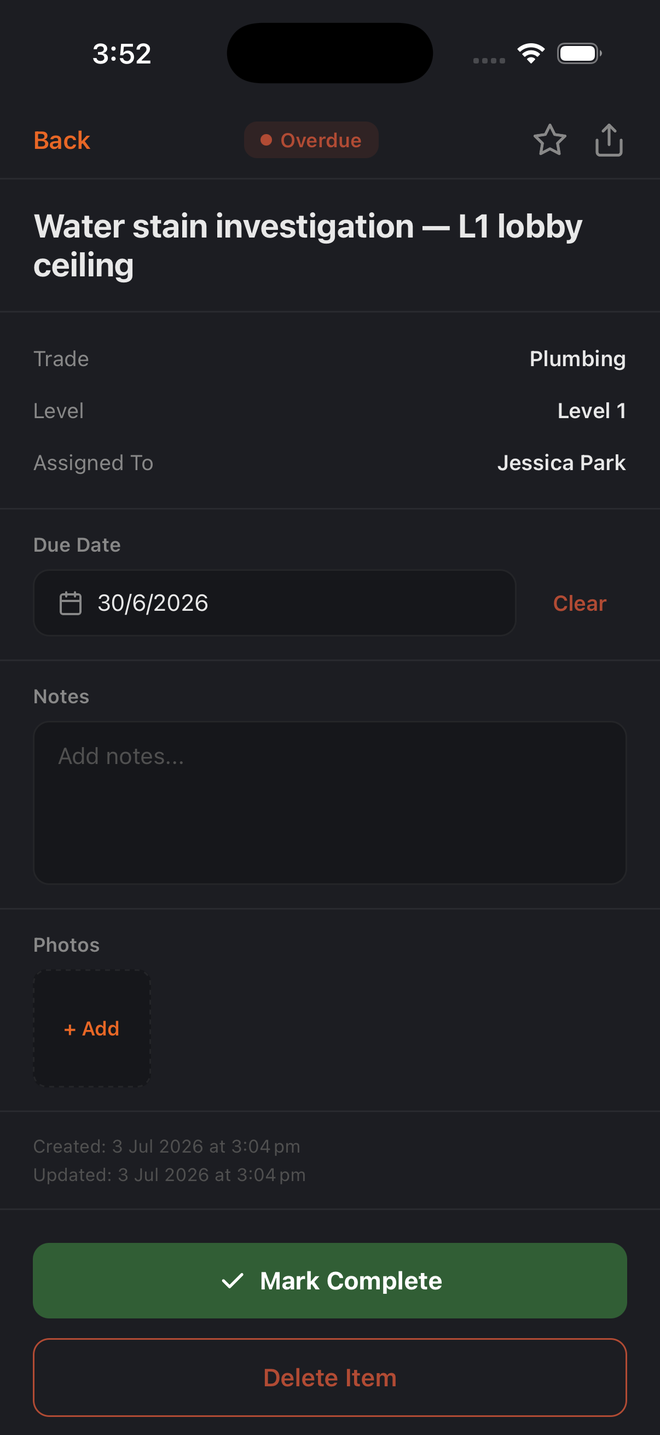 An item detail screen in Build Pro HQ, showing trade, level, the person it is assigned to, a due date, notes, photos and a Mark Complete button