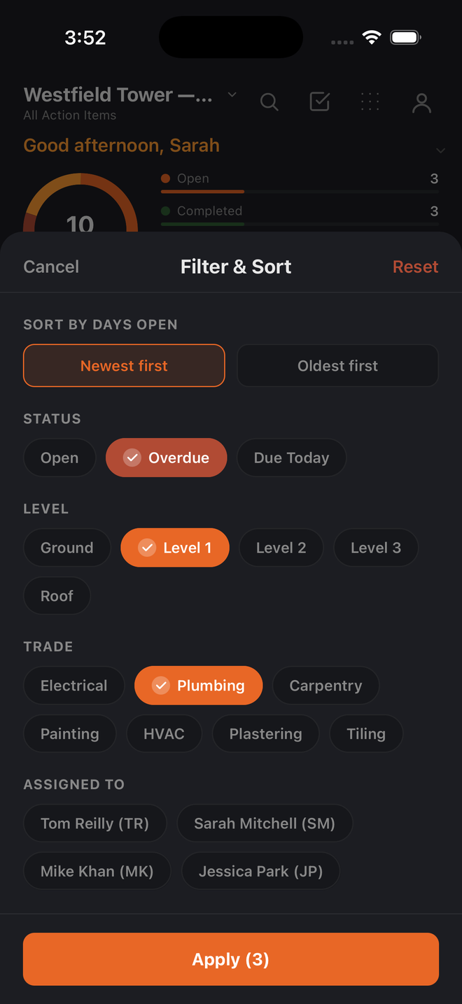 The Filter and Sort panel in Build Pro HQ with status, level, trade and assigned-to filters, and several chips selected