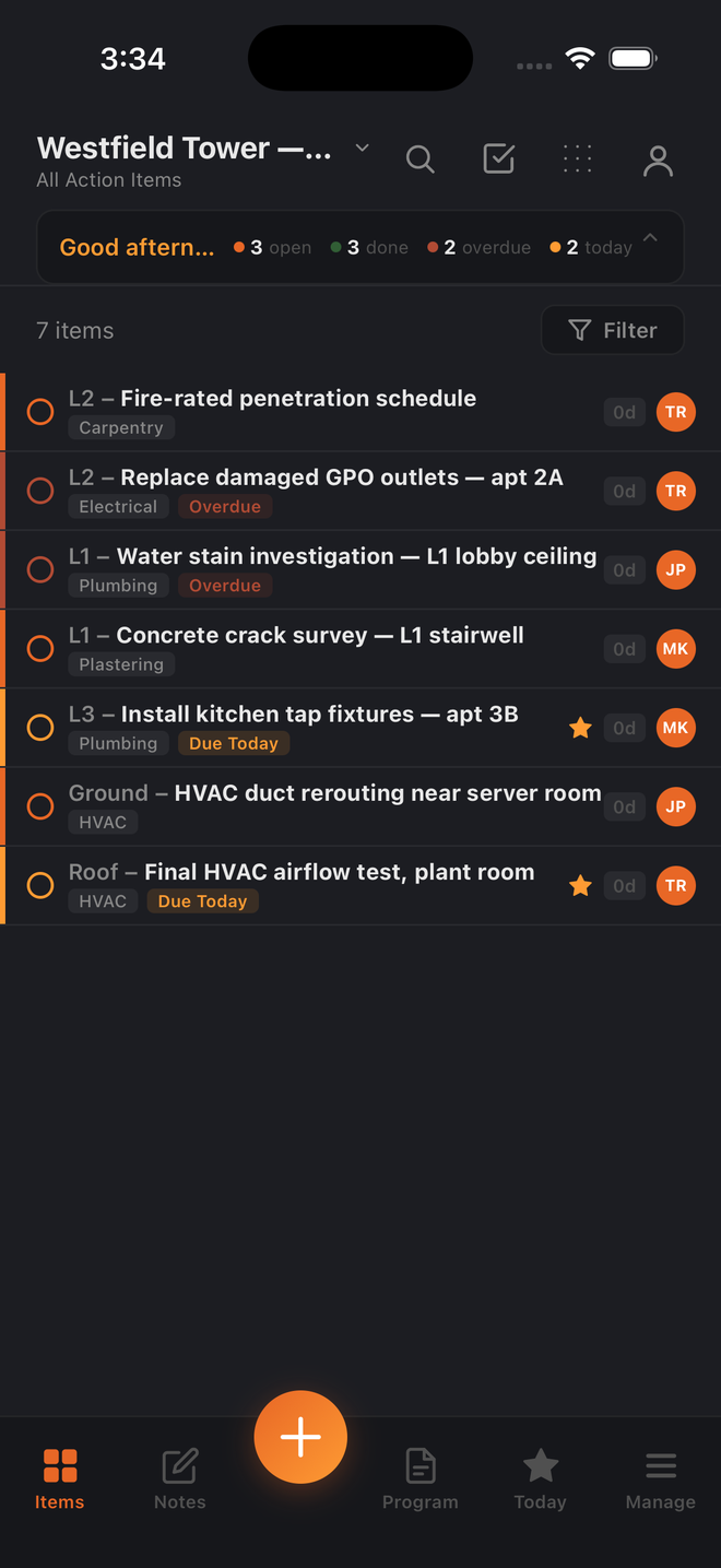 The action items list in Build Pro HQ for Westfield Tower, showing seven tasks tagged by level and trade with owner initials, overdue and due-today badges, and a stats bar of open, done, overdue and due-today counts