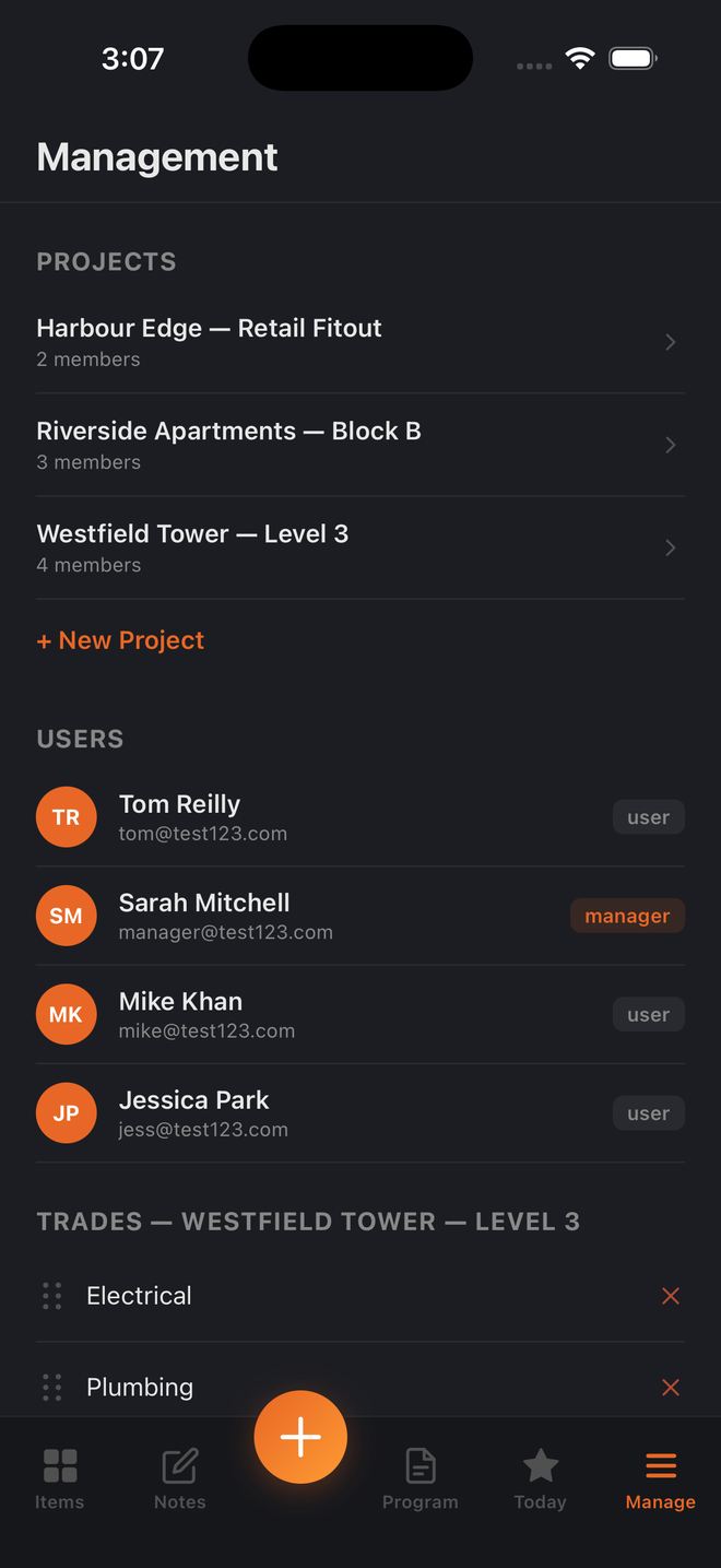 The Management screen in Build Pro HQ, showing three projects, the team with roles, and the drag-to-reorder trades list