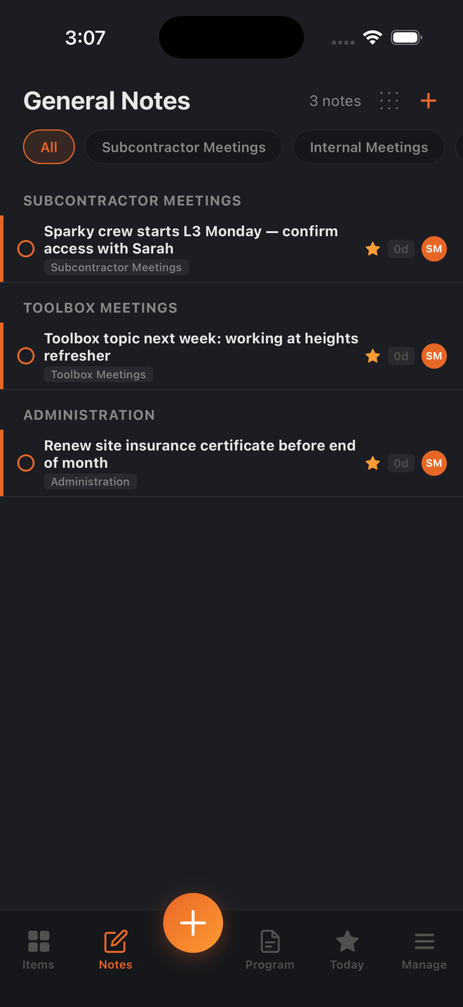 General notes in Build Pro HQ grouped by type, including subcontractor and toolbox meetings