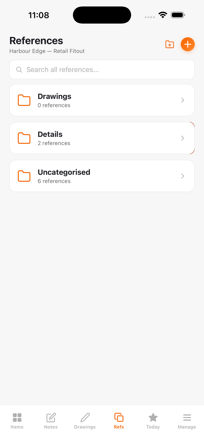 The References tab in Build Pro HQ on the Harbour Edge demo project: Drawings, Details and Uncategorised folders with a search bar and add buttons