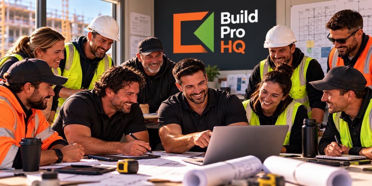 A group of construction workers in hi-vis vests, hard hats and caps gathered around a laptop and rolled drawings at a site office table, smiling, with the Build Pro HQ logo on the wall behind them.