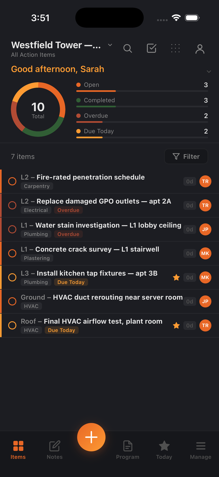 The Build Pro HQ dashboard for Westfield Tower, showing the completion wheel with ten items split into open, completed, overdue and due-today, above the action-item list